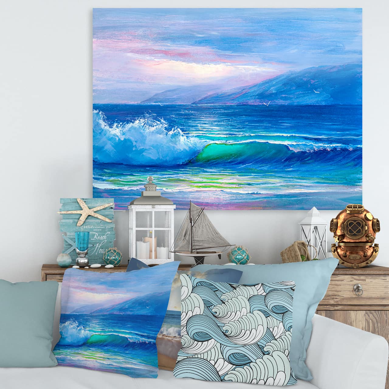 Designart - Blue Waves Breaking At The Beach II - Nautical & Coastal Canvas Wall Art Print